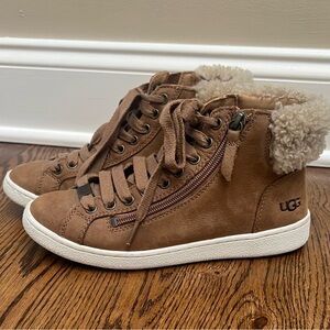 UGG Olive Chestnut Leather High Top Lace Up Sneaker Shoes Womens Size 6.5